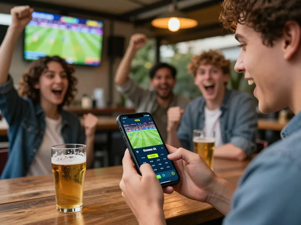 Excited individual using fb88 đăng nhập on mobile app for sports betting in vibrant social setting.