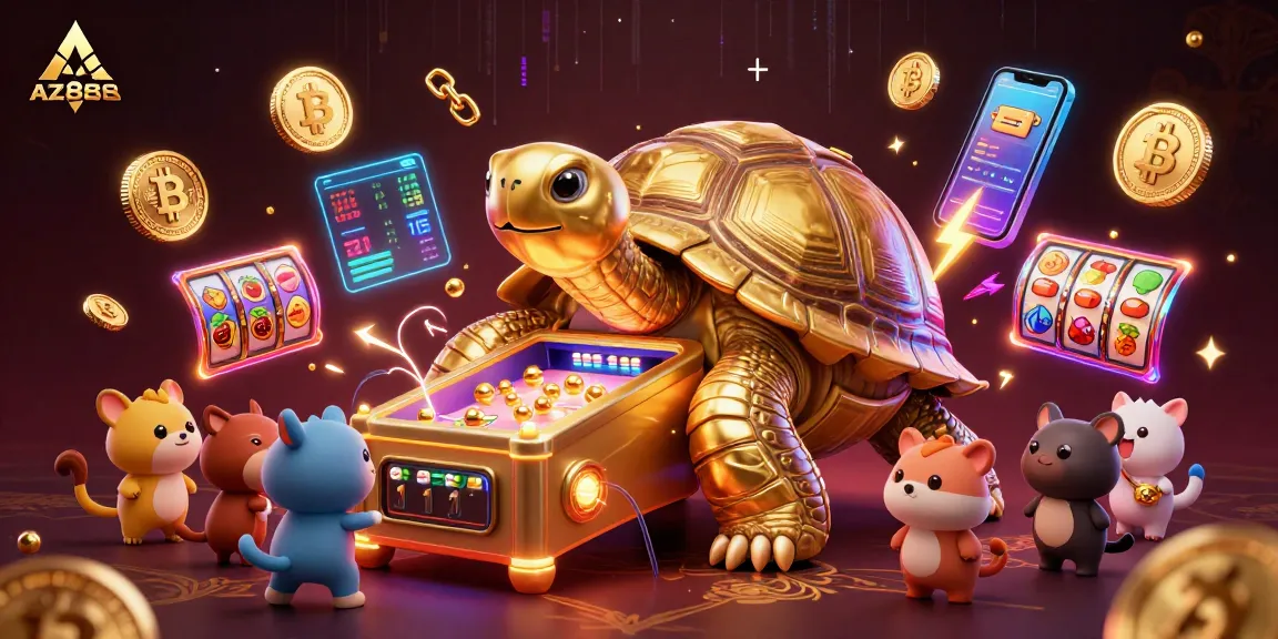 Engage with AZ888's vibrant casino art featuring a golden tortoise pinball machine surrounded by crypto coins.