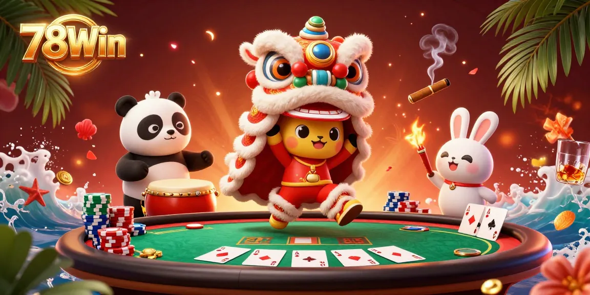 Engage in the vibrant 78Win casino scene featuring a lion dance and gaming action.