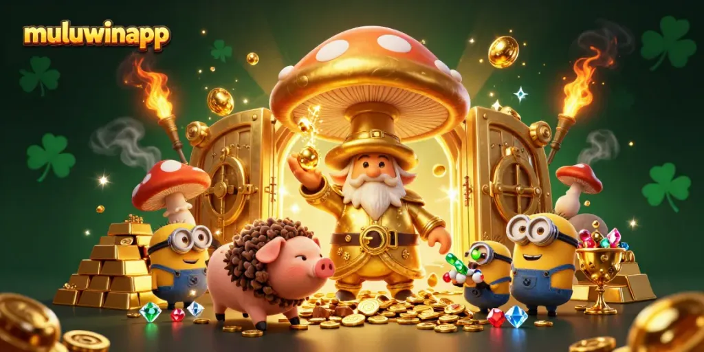 Experience the excitement of muluwinapp in this vibrant, treasure-filled scene with magical characters.