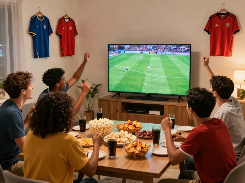 Group of friends enjoying a soccer match while watching gà vàngtv, featuring snacks and jerseys.