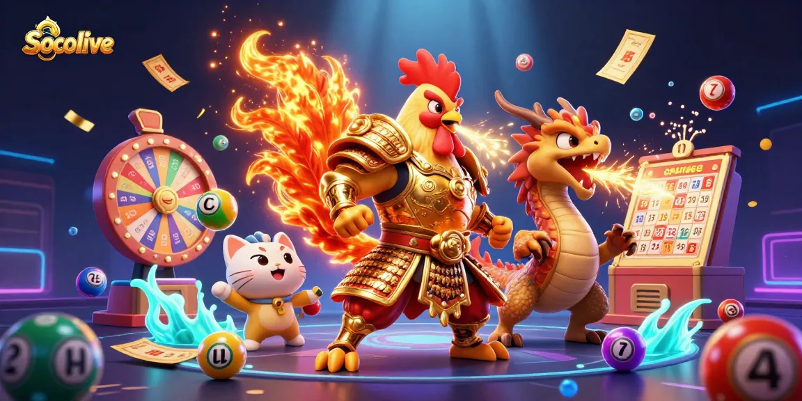 Socolive showcases dynamic gambling action with vibrant lottery elements and enchanting characters.
