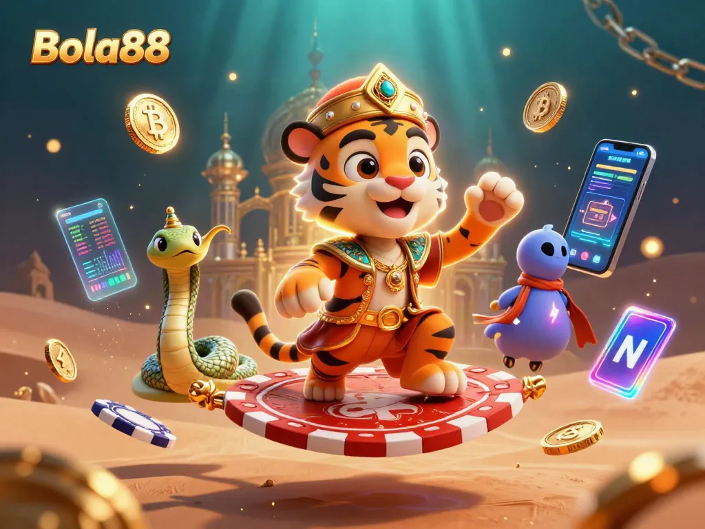 Bola88 casino scene featuring a sultan, genie snake, and gold palace with crypto elements
