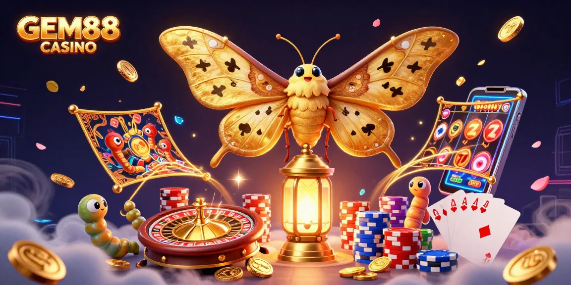 Experience the excitement of GEM88 CASINO with vibrant visuals of golden wings and dynamic casino elements.