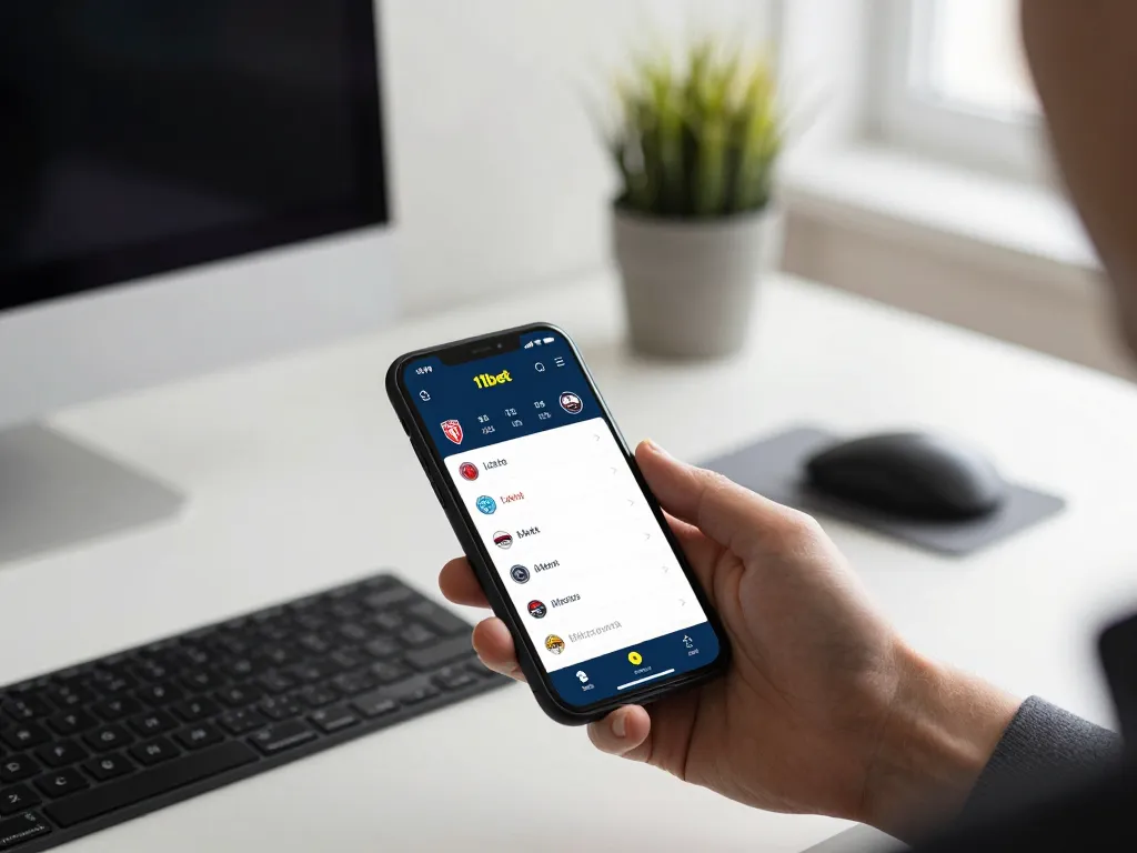Engaging with the 11bet sports betting app on a smartphone in a modern workspace