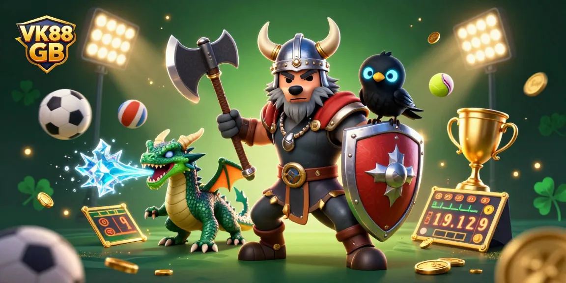 Experience epic action with VK88 GB as a Viking wolf warrior teams up with a dragon and raven in a dynamic casino scene.