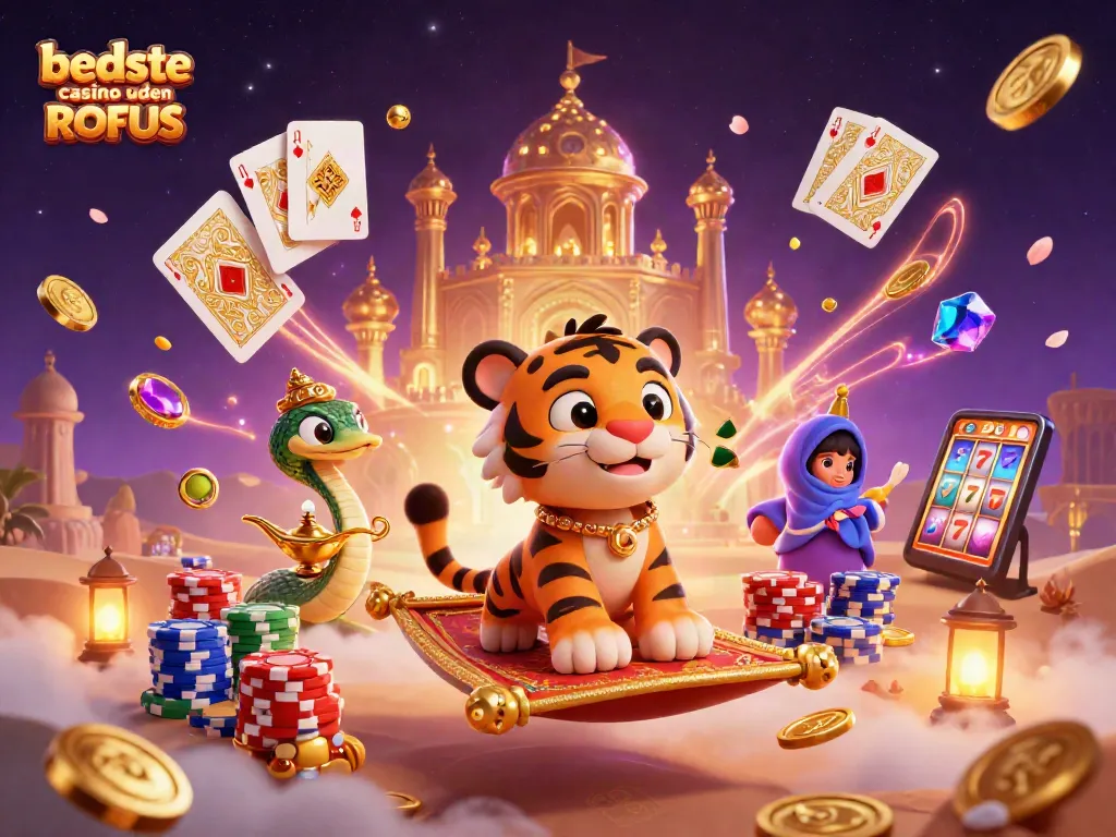 Experience the excitement at bedste casino uden ROFUS with vibrant casino elements and 3D characters.