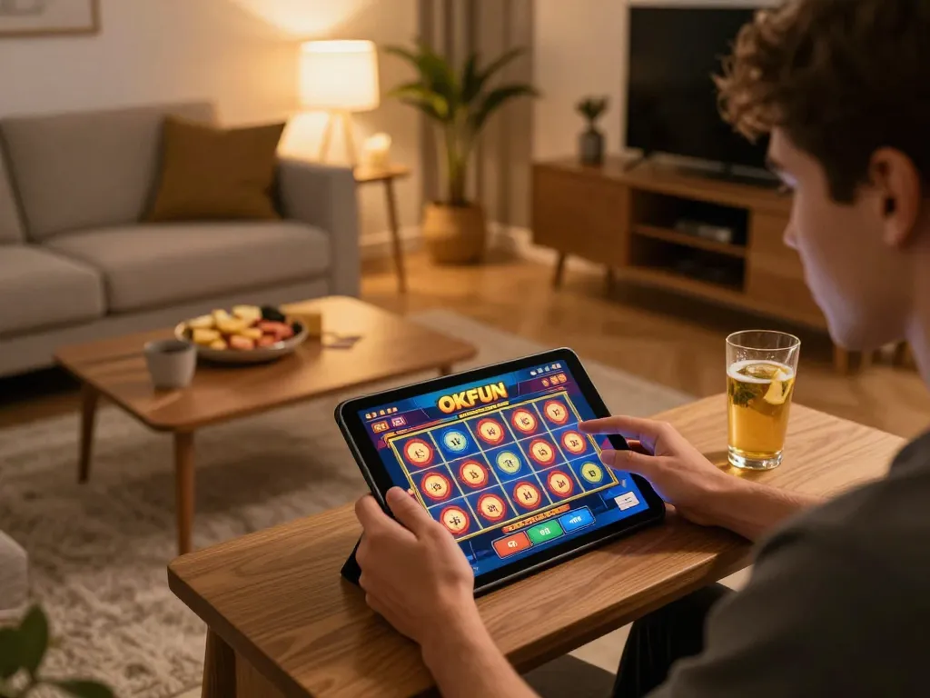 Engaging player enjoying a thrilling okfun slot game on a tablet in a cozy home setting.
