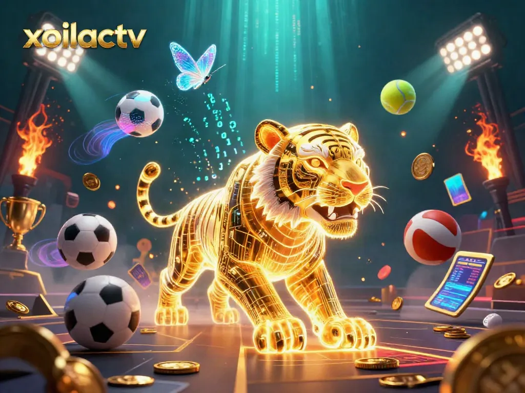 Engage with xoilactv in a thrilling 3D digital casino scene featuring a golden tiger and sports elements.