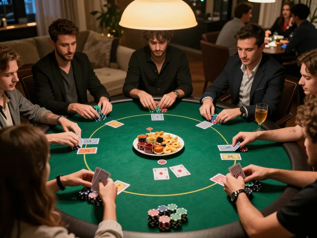 Players enjoying an engaging poker game at home, showcasing 88BET action with cards and chips