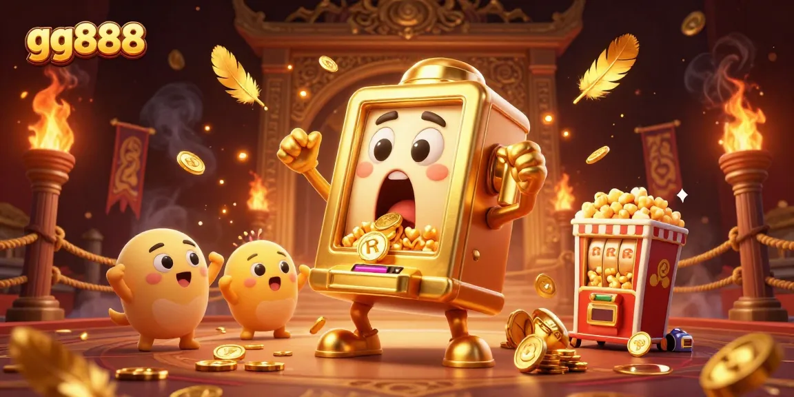 Experience the excitement of gg888 with a vivid golden jackpot scene featuring cartoon slot machines.