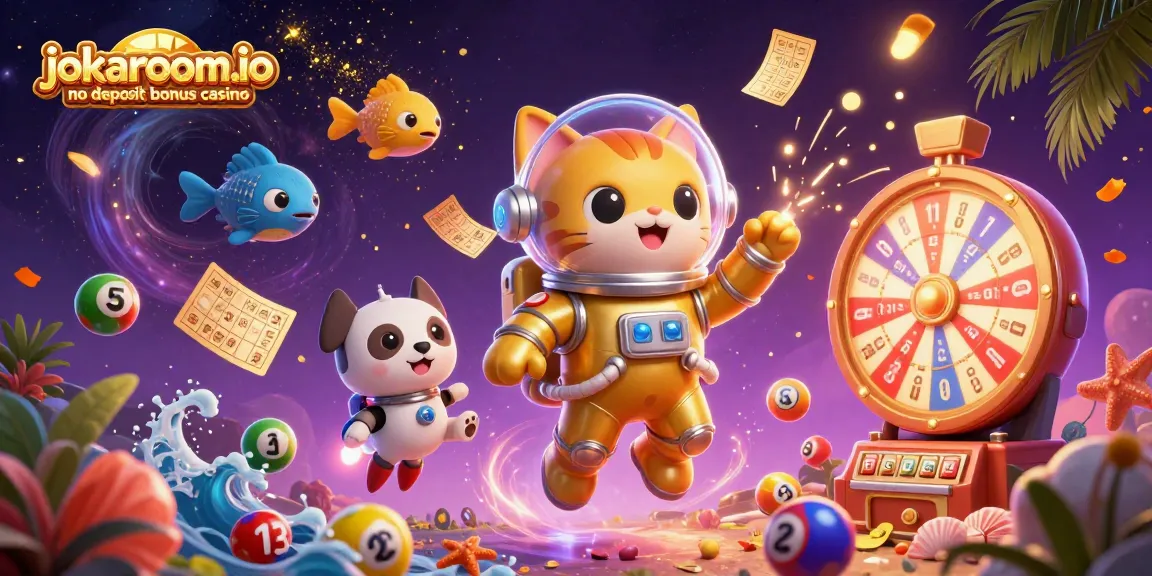 Experience the fun of jokaroom.io no deposit bonus casino with a vibrant cosmic scene filled with gaming elements.