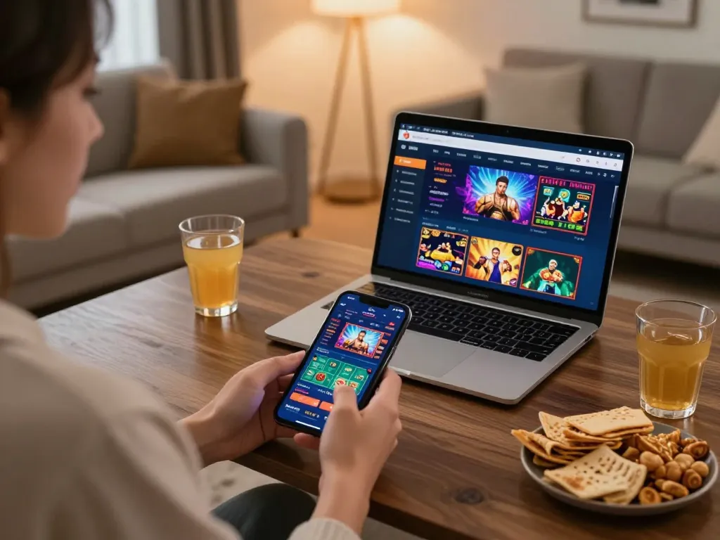 Engaged user on go8 mobile app, placed bets in stylish home environment.