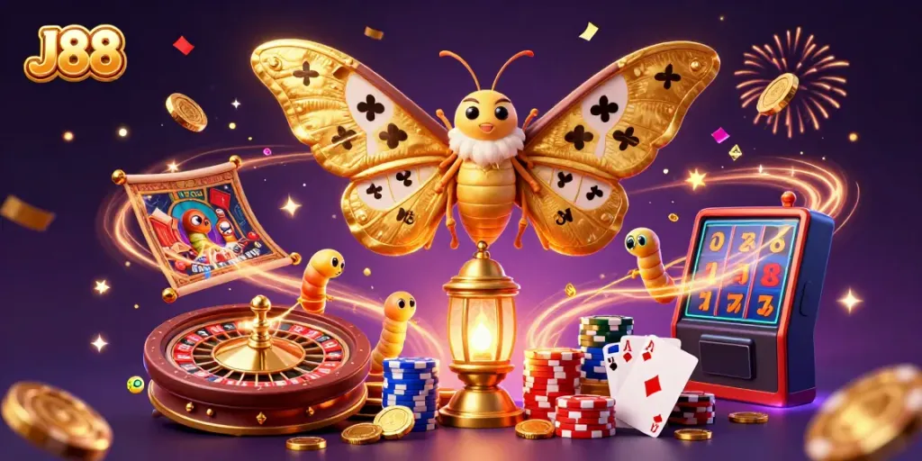 Experience thrilling J88 casino action with a vibrant illustration of animated moths and golden gaming elements.