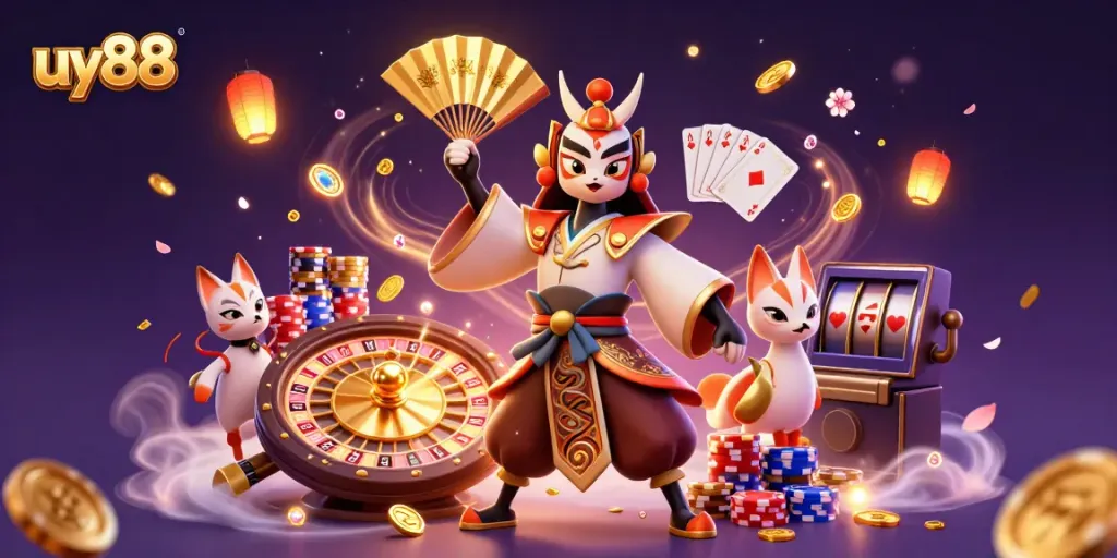 Experience the excitement of uy88 as a vibrant kabuki warrior brings a casino scene to life with dynamic game elements.