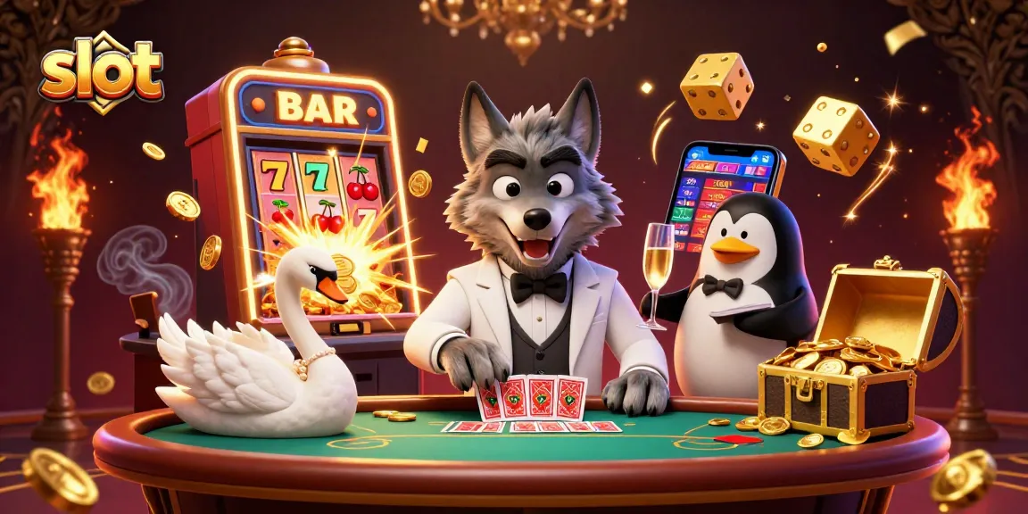 Spin slots and win! A 3D illustration depicting a vibrant casino scene with characters celebrating jackpots.