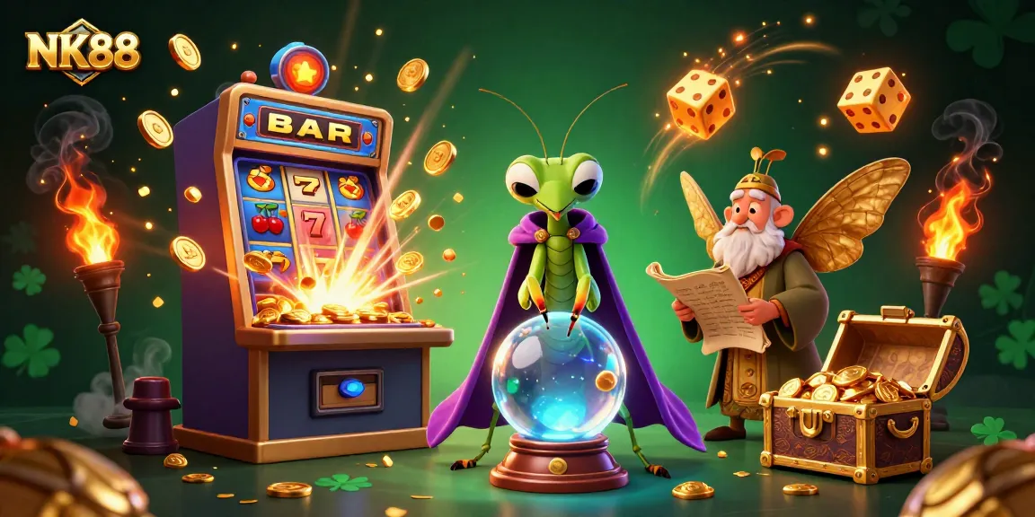 Experience the thrill of NK88 with a vibrant 3D scene featuring a slot machine and magical characters.