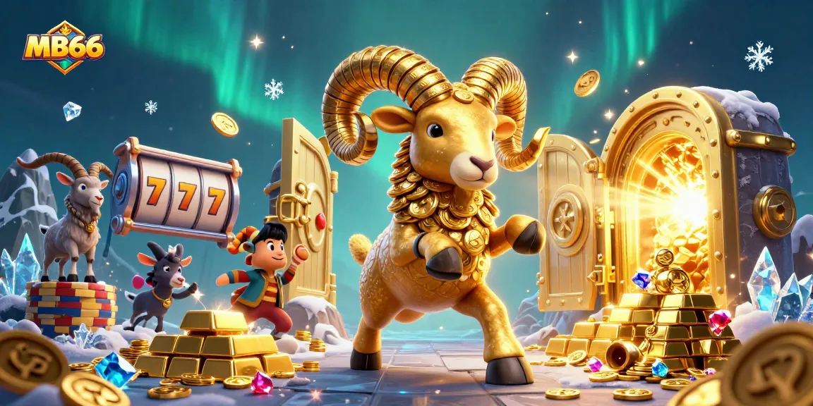 Experience exciting casino action with MB66's vibrant golden ram charging through a treasure vault scene filled with jackpots and gems.
