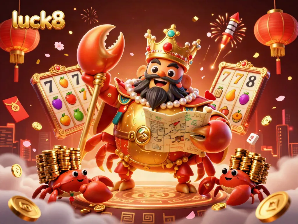 Experience slots excitement with luck8 as a golden crab emperor leads a vibrant casino scene full of treasures.