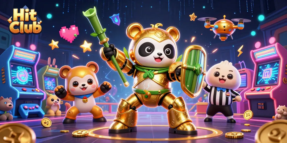 Experience the excitement of Hit Club's vibrant arena with gaming robots and colorful machines.