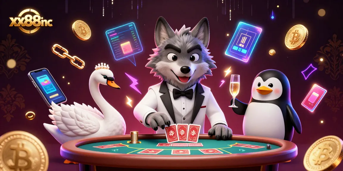 Experience thrilling gaming with xx88inc at a vibrant baccarat table featuring a wolf, swan, and penguin.