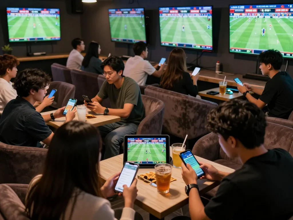 Engaging in kèo bóng đá trực tuyến bets while enjoying live football in a social sports betting lounge atmosphere