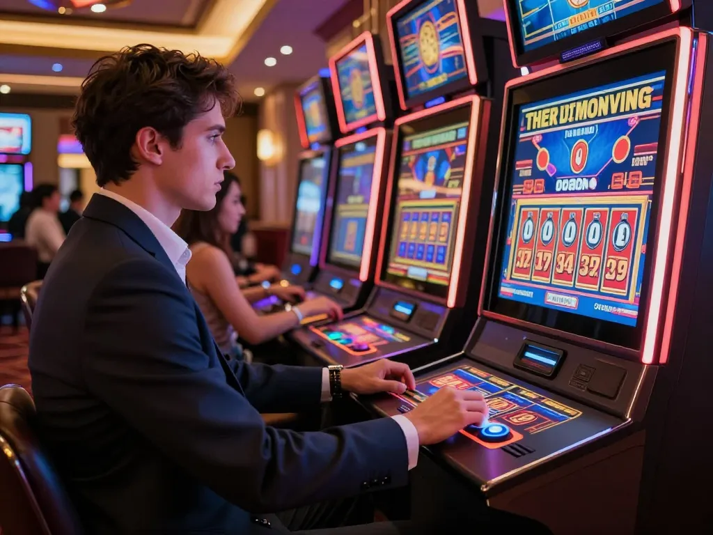 SC88 video poker player focused on potential winning hand in vibrant casino setting