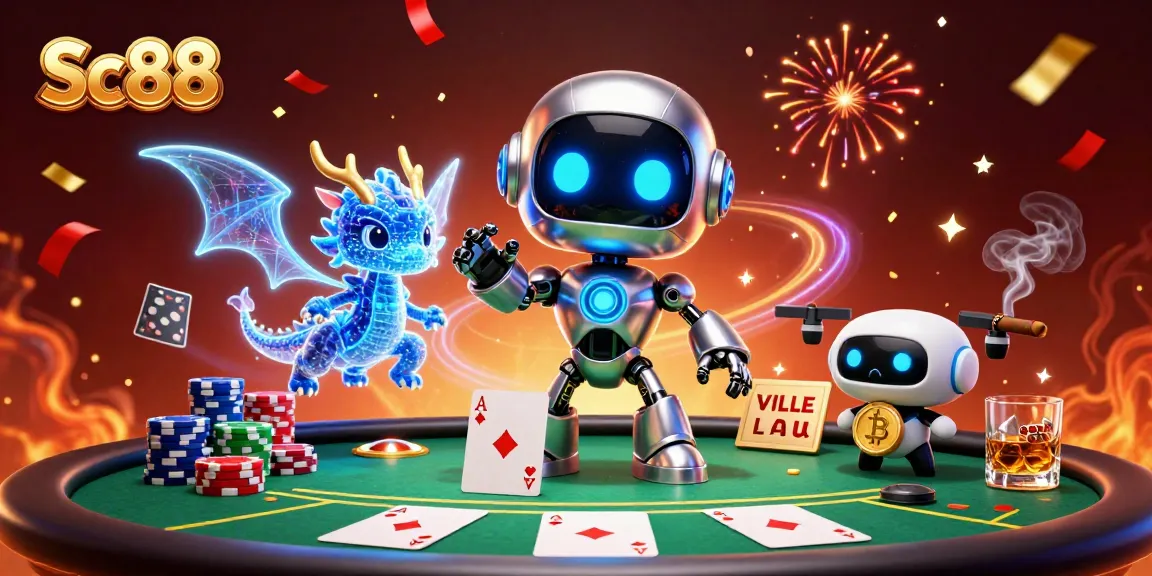 Experience thrilling games with Sc88, featuring a vibrant cyberpunk robot and poker elements in a dynamic casino scene.