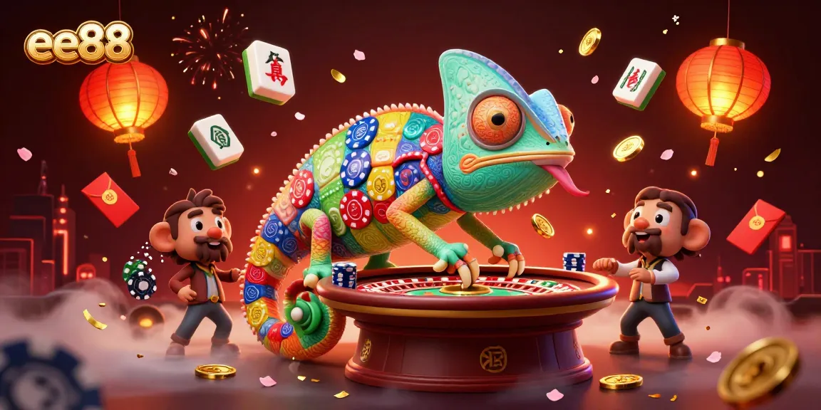Engage with ee88's vibrant casino scene featuring a chameleon owner and dynamic gameplay elements.