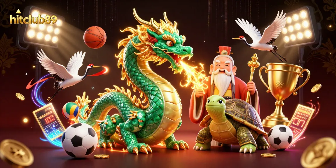 Elevate your gaming experience with hitclub89: a vibrant 3D illustration of a jade dragon, turtle sage, and lucky cranes.