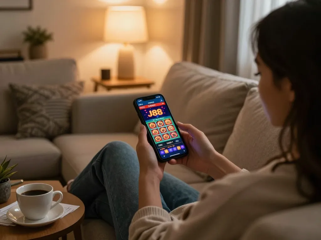 Engaging with the J88 app for online gambling in a cozy home setting.