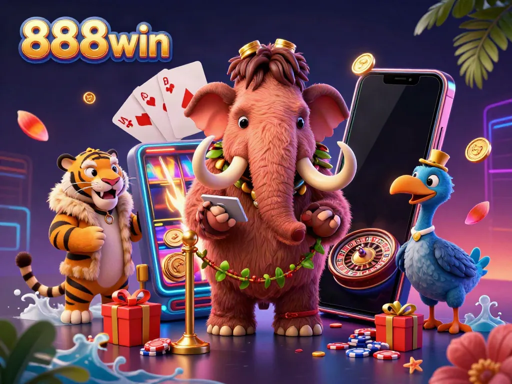 Experience the vibrant casino world of 888win with a woolly mammoth bouncer and saber-tooth tiger guest.
