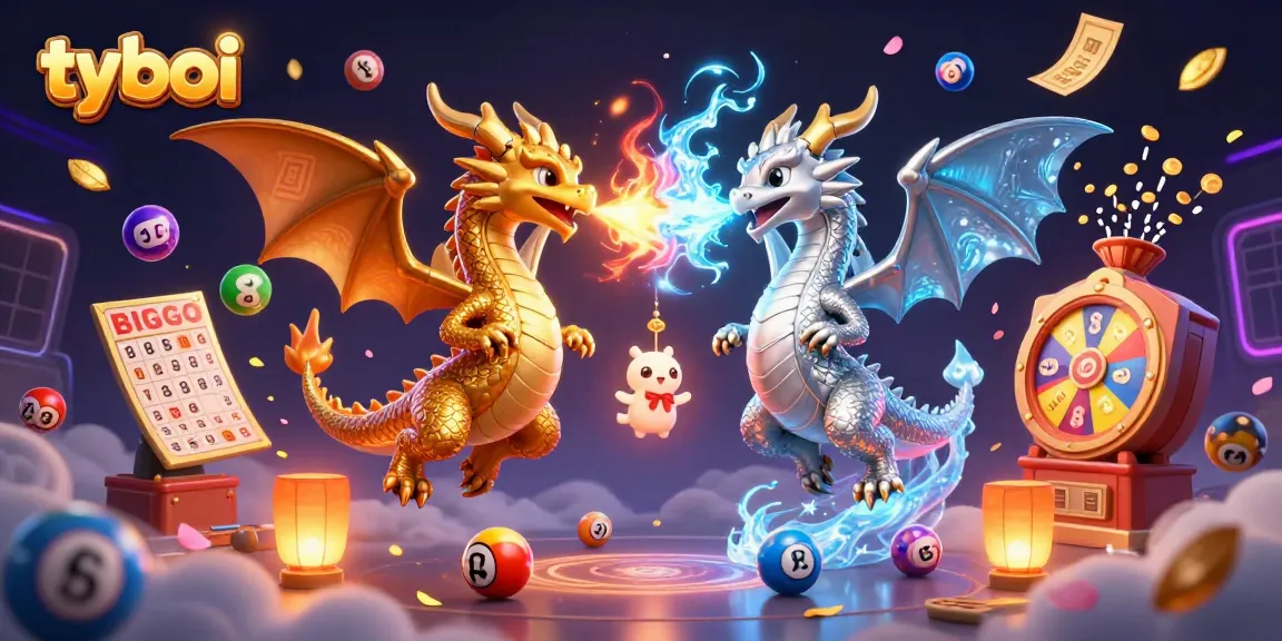 Win big at tyboi with colorful lottery elements and dragons in a dynamic gambling scene.