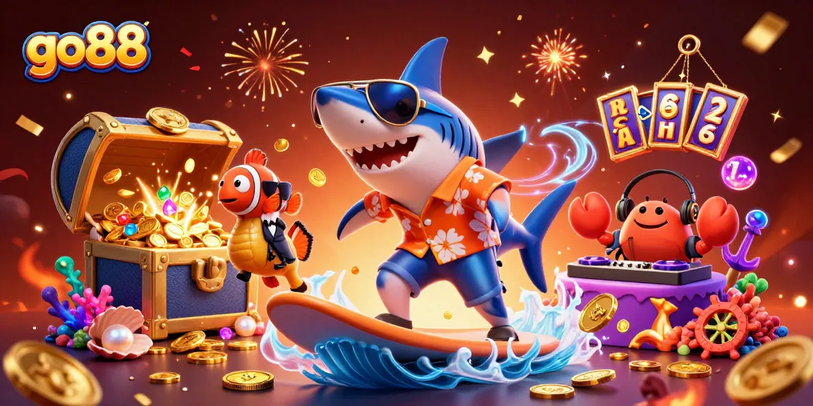 Join the fun at go88 with an exciting casino scene featuring a shark and treasure!