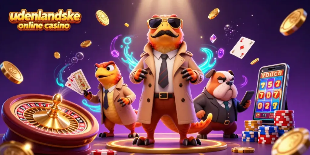 Experience the thrill at udenlandske online casino with raptors in a trench coat entering a VIP lounge.