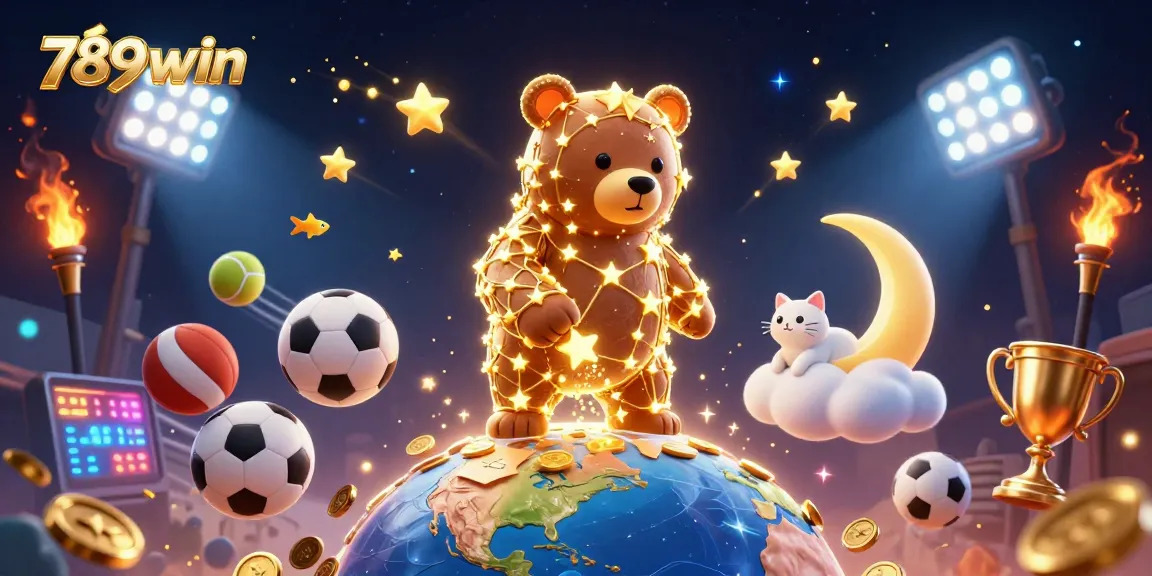 Engage with 789win through a vibrant 3D casino scene featuring constellation bear and sports elements.