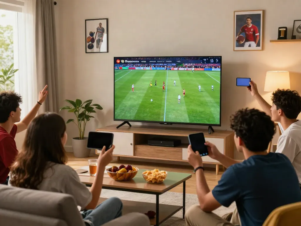 Fans enjoying a live match through thapcamtv.ac in a vibrant living room.