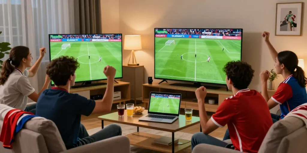 Friends celebrating a live football match on CakhiaTV, showcasing excitement and community.