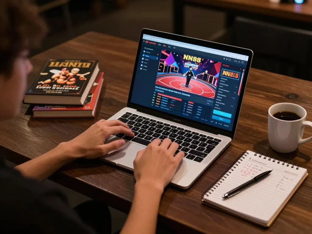 Engaged player exploring NN88 online casino on a laptop amidst strategy notes
