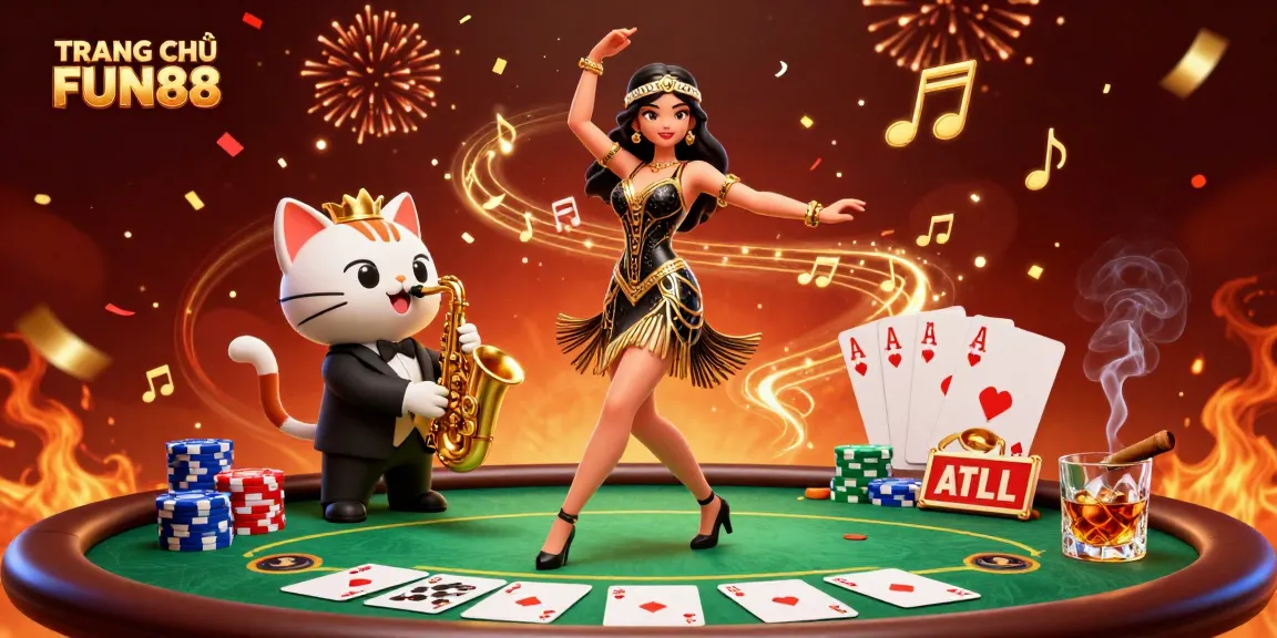 Experience the excitement of TRANG CHỦ FUN88 with vibrant casino elements and lively characters celebrating the thrill of gambling.