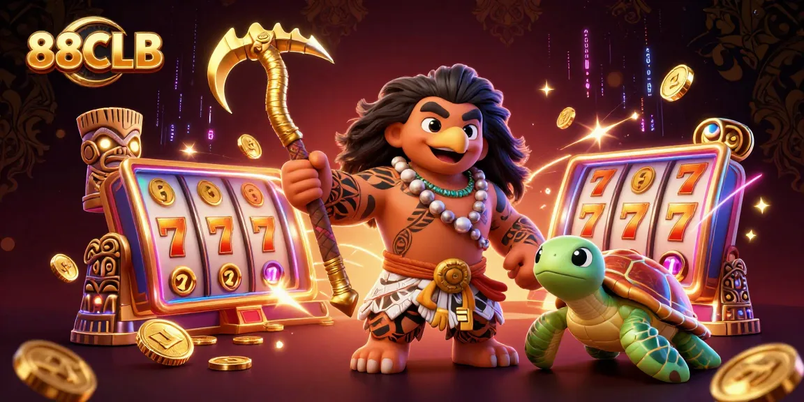 Play slots with 88CLB, featuring dynamic characters surrounded by golden jackpots and vibrant casino elements.