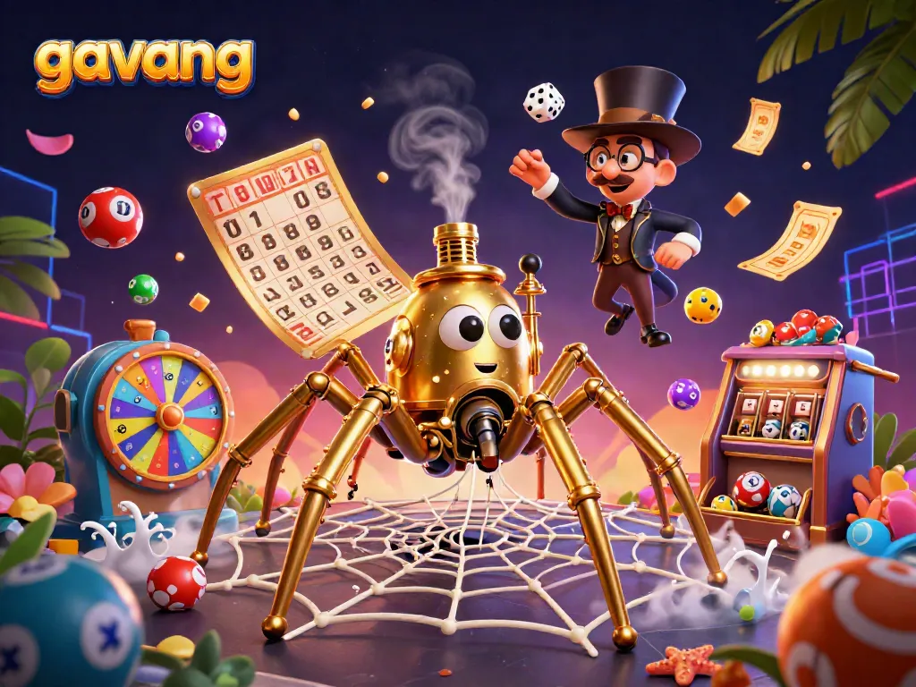 Catch winning moments with gavang as a steampunk spider ensnares dice amid vibrant casino elements.