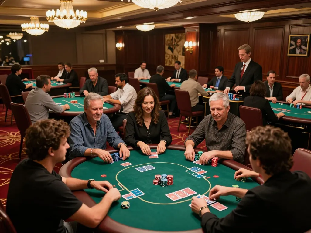 MMOO poker players strategizing at an upscale casino table with competitive atmosphere
