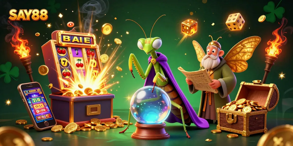 SAY88 players enjoy vibrant slots and casino games in a dynamic 3D illustration.