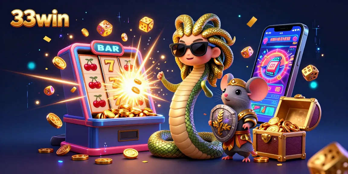 Play thrilling casino games with 33win as Medusa and a warrior mouse celebrate on a high-stakes slot machine!