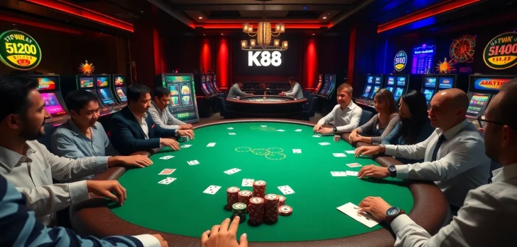 Players engaging in high-stakes poker at a luxurious KP88 casino table, surrounded by vibrant slot machines.
