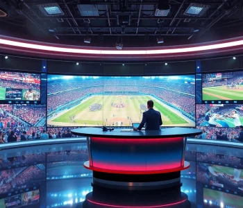 Live sports broadcasting anchor in a modern studio reporting on various events.