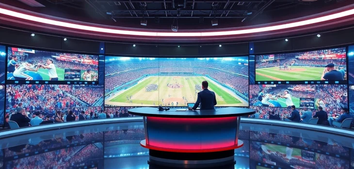 Live sports broadcasting anchor in a modern studio reporting on various events.