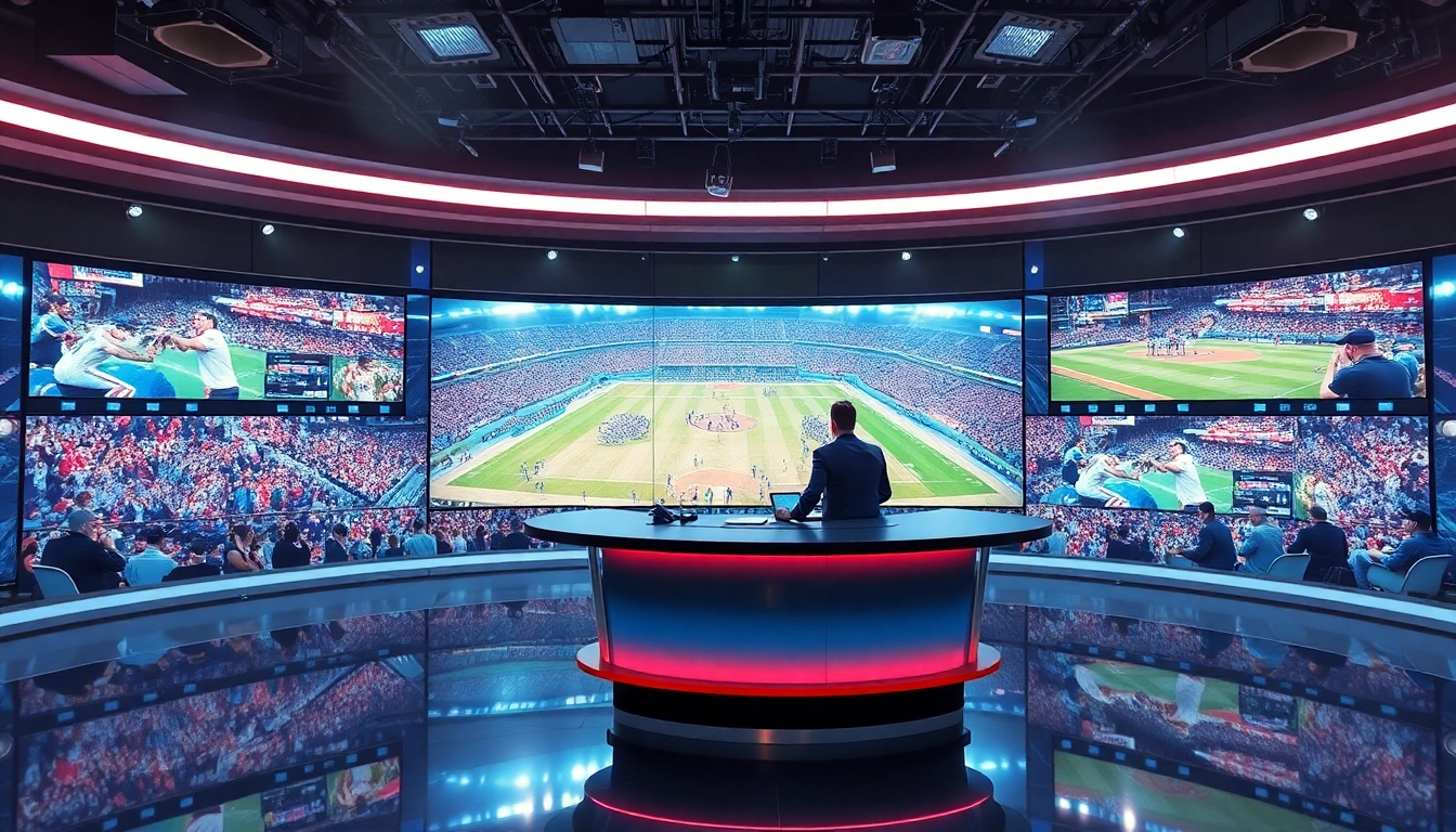 Live sports broadcasting anchor in a modern studio reporting on various events.