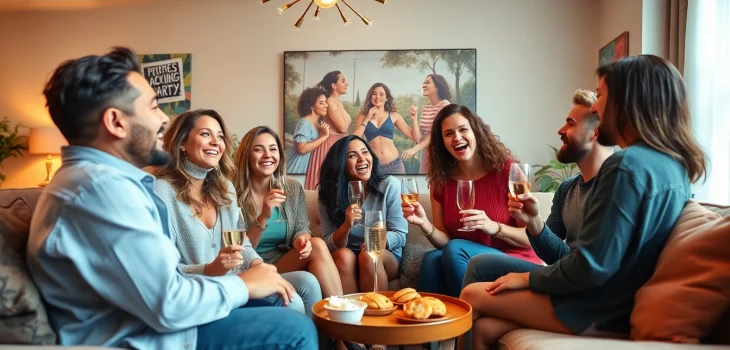 Svenska nakenbilder showcased in a lively atmosphere with friends enjoying a fun party, capturing playful and flirty interactions.